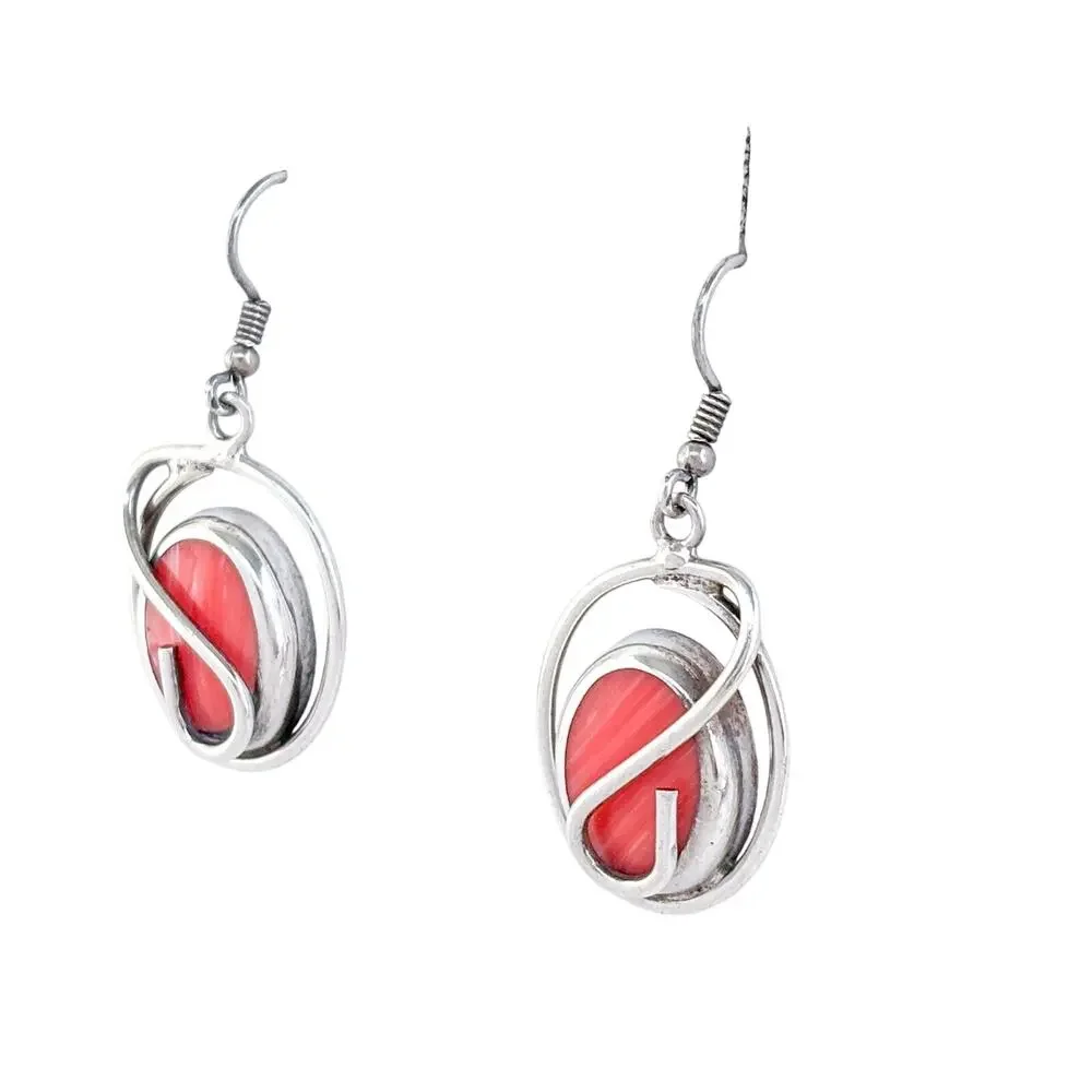 Vintage Mexico Taxco Sterling Silver 925 Spiny Red Oyster Dangle Earrings
